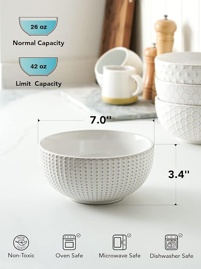 LE TAUCI Large Soup Bowl 42 OZ, Ceramic Kitchen Bowl Set for Soup, Pho, Chip, Pasta, Fruits, Salad, Noodle and Ramen- 7 Inch, Set of 4, Arctic white