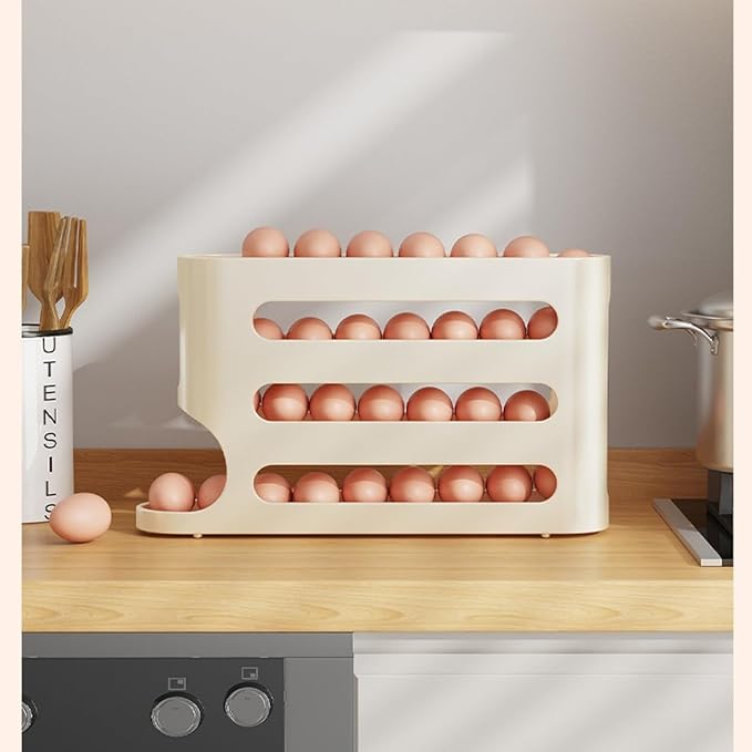 Egg Holder for Fridge, Egg container for refrigerator, Space-Saving Automatic Rolling Eggs Dispenser, 4 Tiers Fridge Egg Rack for Refrigerator Holds up to 30 pcs