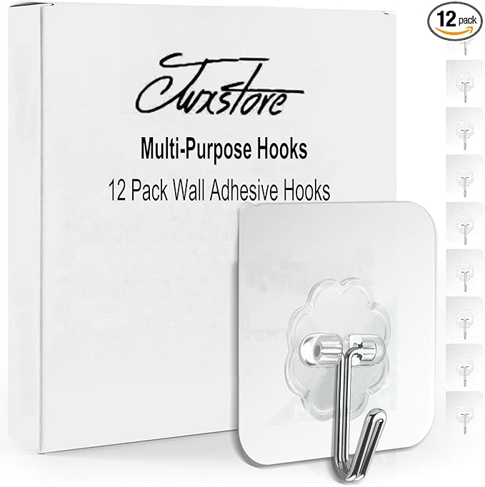 12 Pack Heavy Duty Self Adhesive Hooks - 33lb Max, Transparent, Waterproof, Sticky Wall Hooks for Keys, Bathroom, Shower, Outdoor, Kitchen, Door, Home Improvement, Utility