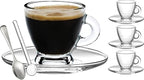 BOHEM'S Espresso Cups, 3.2 oz Small Demitasse Clear Glass Espresso Drinkware, Set Of Cups, Saucers and Stainless Steel mini Spoons + Free Glass Spoons (set of 4)