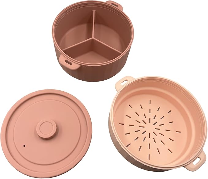 2-Tier Silicone Microwave Steamer, Divided Compartments with Lid, Stackable Food Container, red (red)