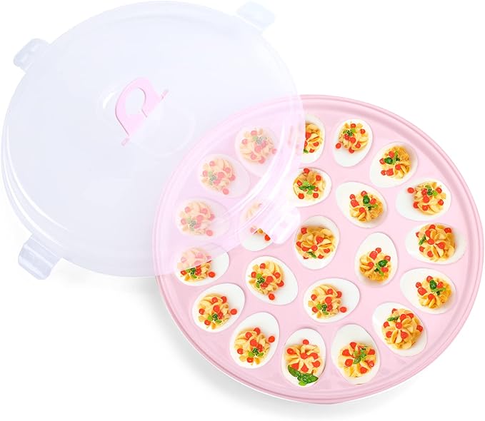 HANSGO Deviled Egg Containers with Lid, Deviled Egg Platter Carrier Holder Trays with 22 Slots for Holiday Party and Home Kitchen, Pink