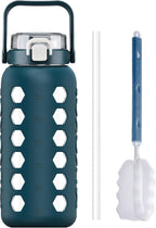 MUKOKO Half Gallon/64 oz Glass Water Bottles with Straw and Lid,Motivational Water Jug with Time Marker Reminder and Silicone Sleeve,100% Leakproof BPA Free Fitness Sports Large Bottle-Blue