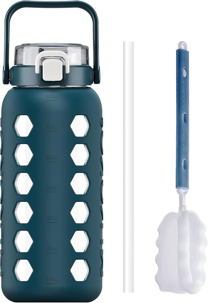 MUKOKO Half Gallon/64 oz Glass Water Bottles with Straw and Lid,Motivational Water Jug with Time Marker Reminder and Silicone Sleeve,100% Leakproof BPA Free Fitness Sports Large Bottle-Blue