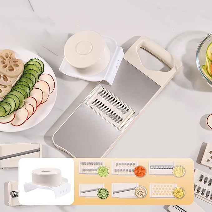 6-Blade Mandoline Slicer with Slide-On Hand Guard - Vegetable Slicer, Potato/Onion/Garlic Slicer, Kitchen Grater(Multi-Color) (Beige, 6-in-1)