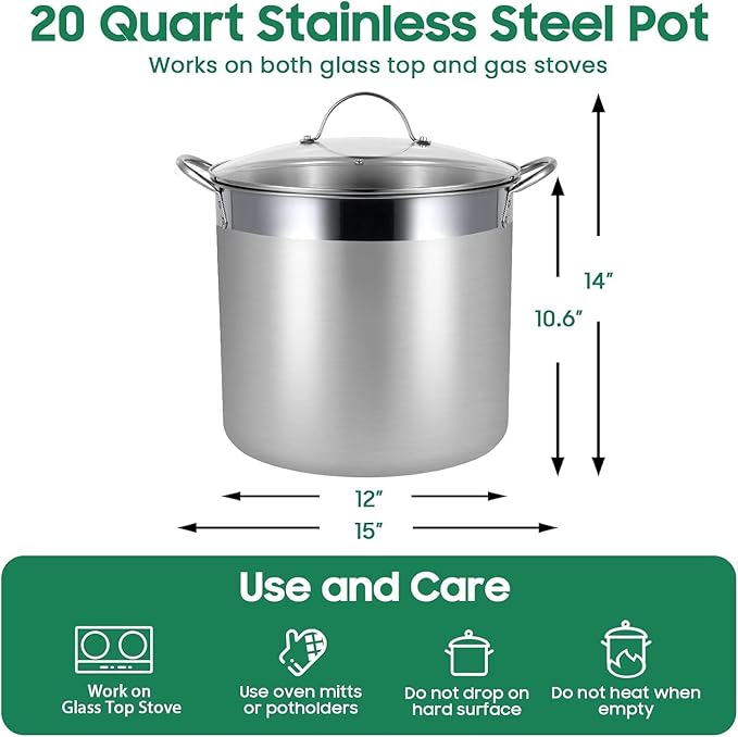 Stainless Steel Canning Pot with Rack and Lid, Large Water Bath Canner, Full Home Canning Supplies Starter Kit (20 Quarts, Green)