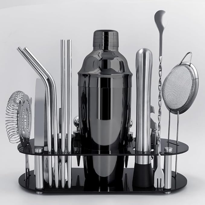 Cocktail Shaker Set Bartender Kit with Stand - 16 Piece Bar Tool Set Drink Mixer Set Includes : Shakers, Jigger, Strainer, Mixer Spoon, Muddler, Liquor Pourers, Straw (Black)