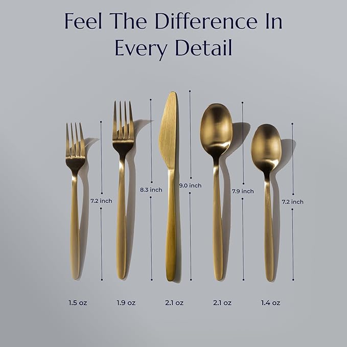JazzUpCo Tia Flatware non toxic 18/10 stainless steel dishwasher safe (Matte Gold, 8 Person Set (40 Pieces))