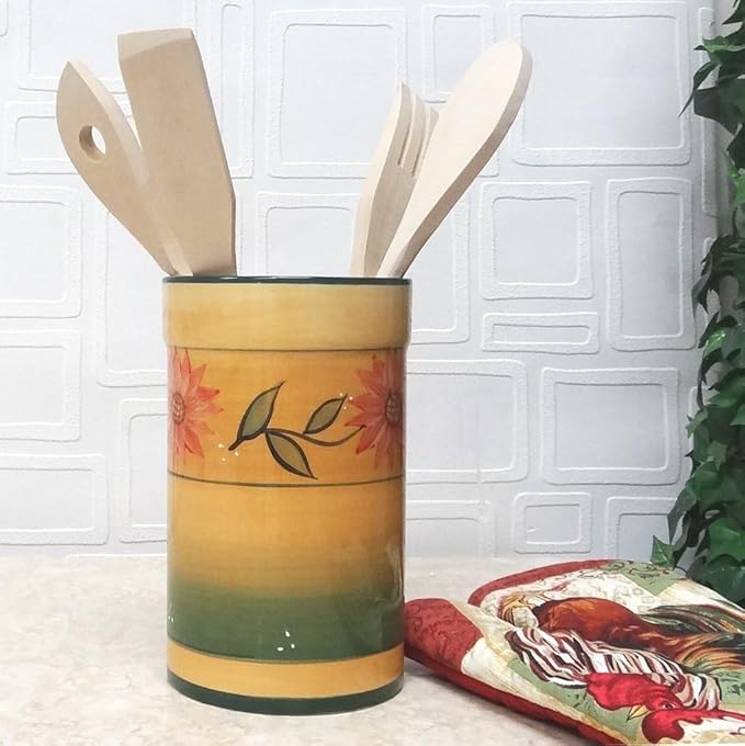 ACK Country Sunflower Hand Painted Ceramic Utensil Jar With Wooden Tool, Utensil Holder, Utensil Crock, Modern Kitchen Decor, Kitchen Storage for for Spoon, Ladle, Spatula and More