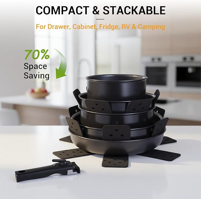 Ammeloo 18 Pcs Pots and Pans Set Non Stick, Induction Ceramic Cookware Set with Detachable Handle,Non Toxic Kitchen Cooking Set with Removable Handle for RVs,Camping,Fridge, Dishwasher/Oven Safe,Black