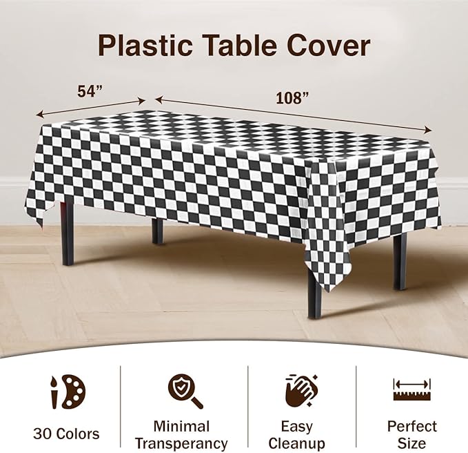 Exquisite Party Solids 12-Pack - Premium Plastic Tablecloth 54in. x 108in. Rectangle Table Cover - Checkered