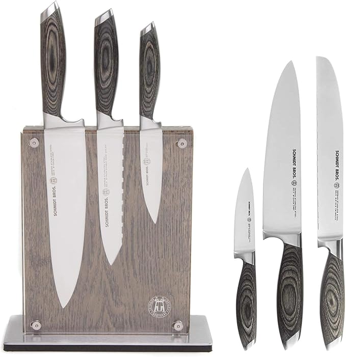 Schmidt Brothers - Bonded Ash 7-Piece Kitchen Knife Set, High-Carbon German Stainless Steel Cutlery, Ash Finish Wood Handles and Clear Acrylic Magnetic Knife Block