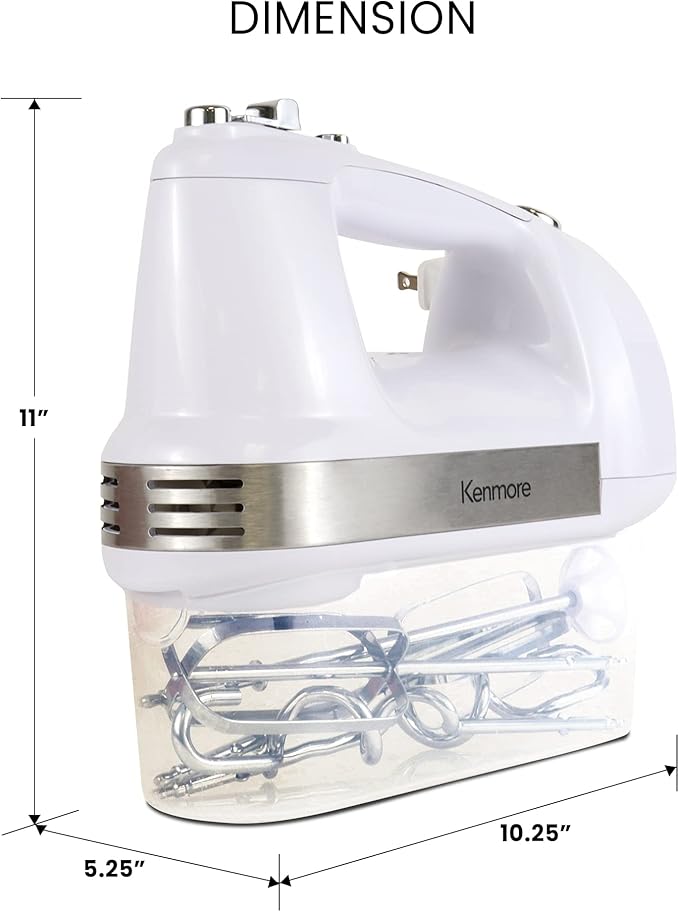Kenmore Electric Hand Mixer - Case Batidora De Mano Kitchen 5 Speed Handheld Blender With Whisk, Beater, Dough Hook, Attachments Storage, Turbo Boost, Appliance For Cake Mix, Eggs, Whipping Cream