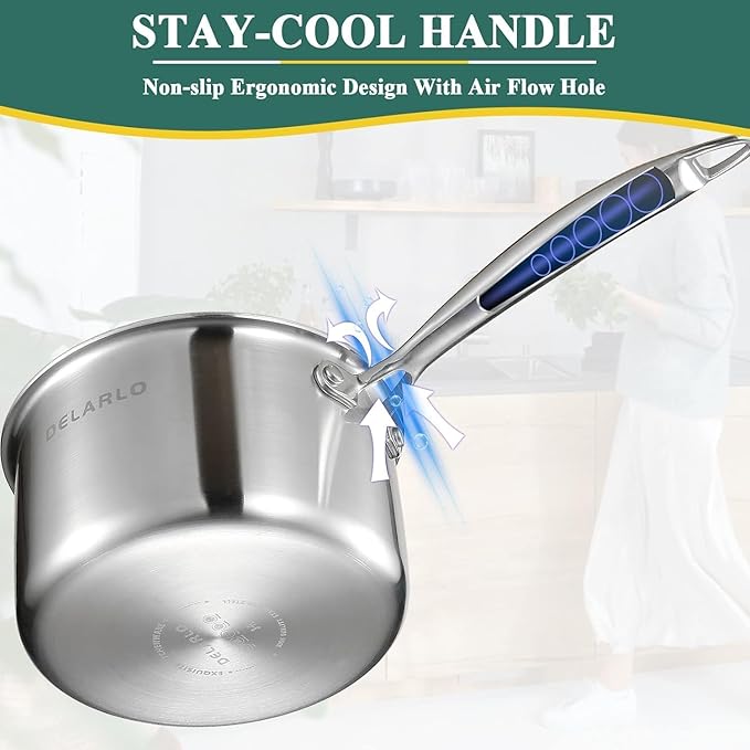 DELARLO Tri-Ply Stainless Saucepan 3.5Quart Steamer Set With Glass Lid, Ergonomic Handle, Multipurpose Sauce Pan, Kitchen Sauce Pot，Oven Safe