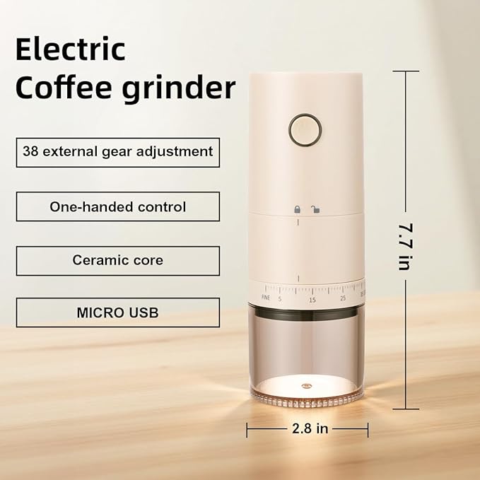 Portable Electric Burr Coffee Grinder with 38 Adjustable Grind Settings - USB Rechargeable Ceramic Core Conical Burr, Coffee Bean Grinder for Espresso, French Press, Travel, Camping, Home & Office Use