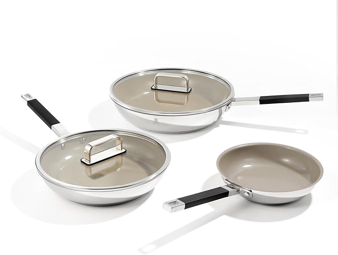 ROYDX Stainless Steel Fry Pan Set Titanium Ceramic Non Stick Frying Pan with Lid 8", 10" and 12" Oil Gather Pro Non Stick Skillets with Stay-Cool Handle PFOA Free, Compatible with All Cooktops