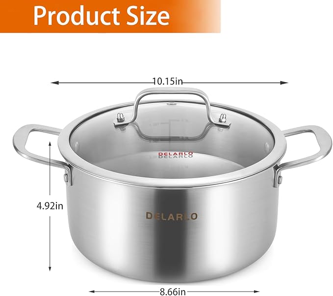 DELARLO Tri-Ply Stainless Steel Stock Pot, 5 Quart Stockpot with Lid, All Stoves Safe Up to 600℉, Saving Fuel 20%, Heavy Duty, Soup Pot with lid, Kitchen Essentials, Fast Even Heat
