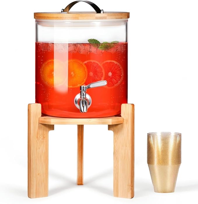 Glass Beverage Dispenser with Bamboo Stand and Lid, Iced 1.5 Gallon Drink Server with Spigot, Large Thick Glass Drink Dispenser for Parties, Hotels, Restaurants, with 9 oz 50 clear Gold Plastic Cups