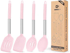 Pack of 4 Silicone Cooking Utensils Set, Non Stick Large Solid Spatulas, Heat Resistant Pink Slotted Spoons, Ideal BPA Free Kitchen Turners for Frying, Mixing,Serving,Draining,Turning,Stirring