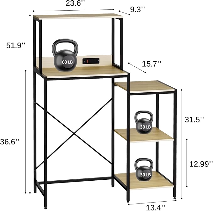 Mini Fridge and Microwave Stand Over Refrigerator Storage Shelf with Power Outlet, 5 Tiers Adjustable Bakers Rack Cabinet Coffee Bar Appliance Organizer for Dorm Office,Natural