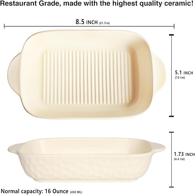 7" x 4.5" Rectangular Porcelain Baking Dish Set,Au Gratin Dishes,Casserole Dish, Ramekins 16 oz Bakeware Set of 2, Lasagna Pans for Cooking, Cake Dinner,Kitchen, Carry Handles Beige