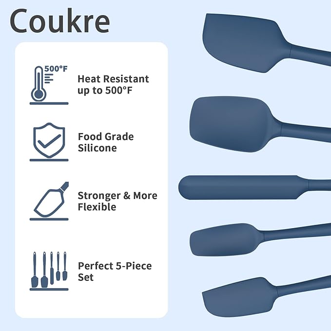 Coukre Silicone Spatula Set of 5,High Temperature Resistant, Food Grade Silicone, Dishwasher Safe, for Baking, Cooking (Pure Dark Blue)