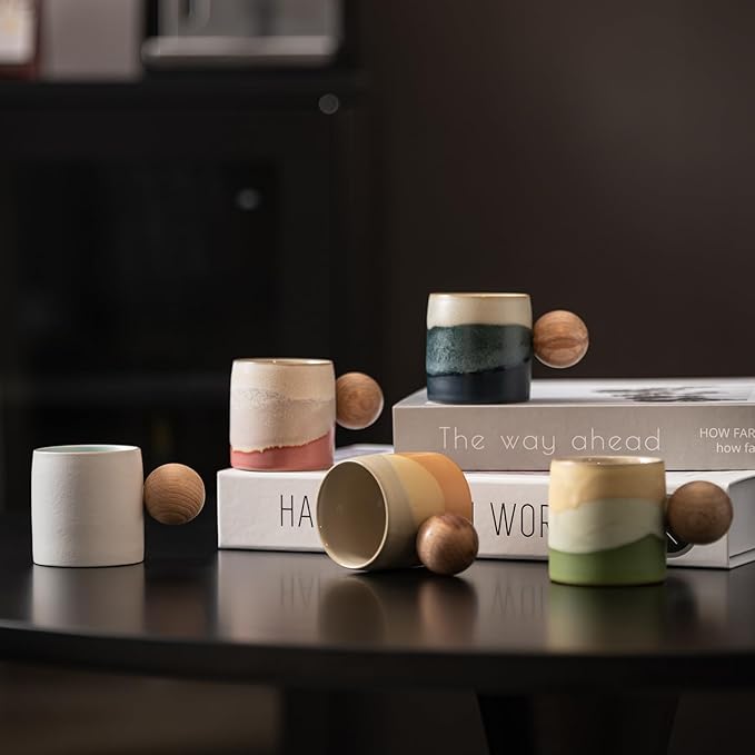 2-Oz Ceramic Espresso Cups with Wood Handle, 2/4-Piece Set for Coffee, Tea, Latte - Dishwasher Safe, Multi-Color & Wood Styles, Gift & Café Use (white, Round Handle4)