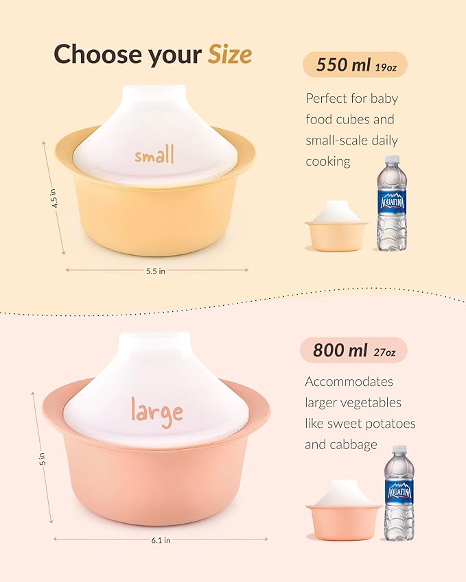 Moyuum Silicone Microwave Steamer | Made in Korea, Baby Food Maker Bowl with Lid, Egg and Vegetable Steam Cooker, Japanese Donabe Inspired Cooking Pot, Dishwasher Safe (Small, Oatmeal)