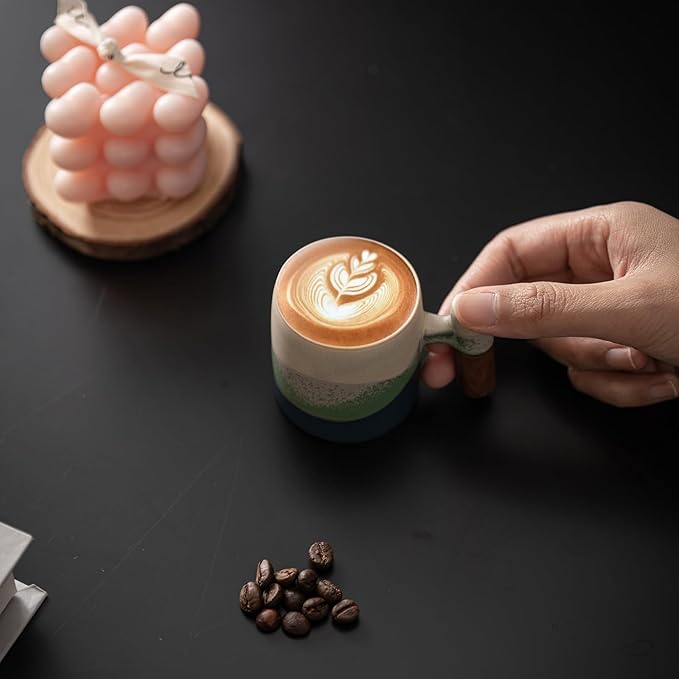 2-Oz Ceramic Espresso Cups with Wood Handle, 2/4-Piece Set for Coffee, Tea, Latte - Dishwasher Safe, Multi-Color & Wood Styles, Gift & Café Use (Kiln turning green, Wooden Handle4)