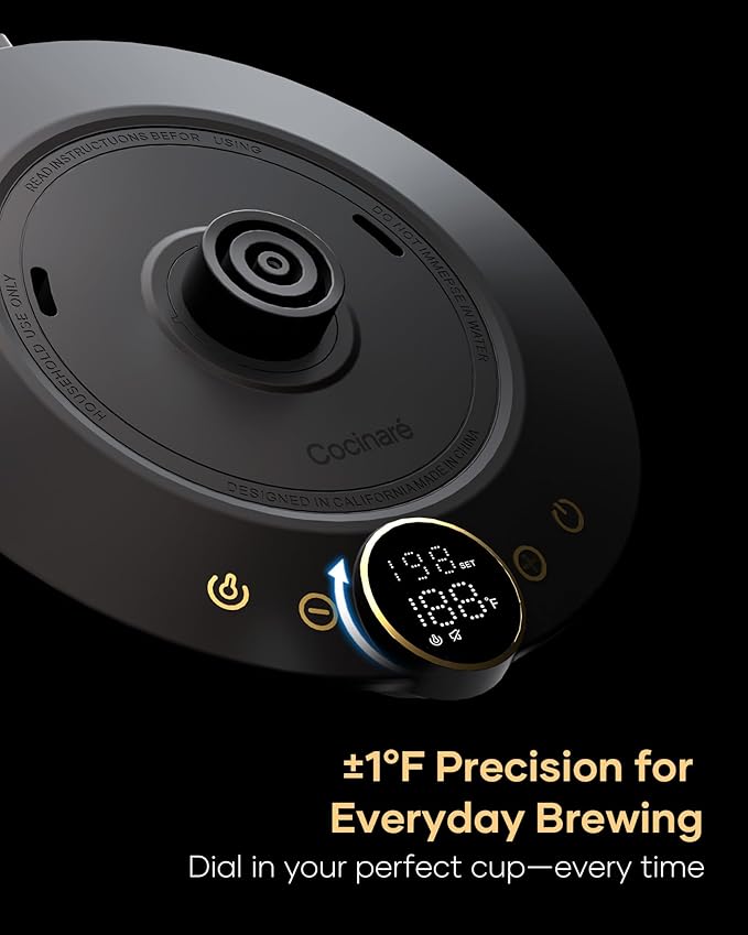 Cocinare FLOW B9 Gooseneck Electric Kettle, Precise Temperature Control for Pour-Over Coffee & Tea Brewing, Stainless Steel Interior, Rapid Heating for Boiling Water 1500W/0.9L (Black Walnut)