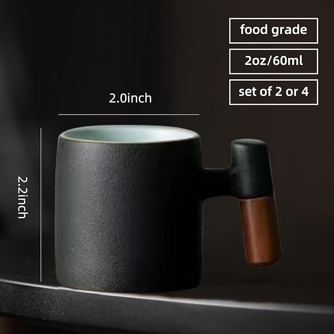 2-Oz Ceramic Espresso Cups with Wood Handle, 2/4-Piece Set for Coffee, Tea, Latte - Dishwasher Safe, Multi-Color & Wood Styles, Gift & Café Use (black, Wooden Handle4)