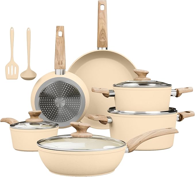 Kitchen Academy Induction Pots and Pans Set Non Stick - 12 Pieces Nonstick Kitchen Cookware Set, Granite Cooking Set Pots and Pans, Beige
