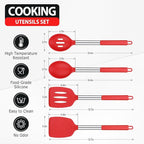 Pack of 4 Large Silicone Cooking Spatulas and Spoons, Slotted and Solid Stainless Steel Cooking Utensils Set, Non-stick Heat Resistant Kitchen for Baking, Fried, Stir-Fry, Mixing, Serving (Red)