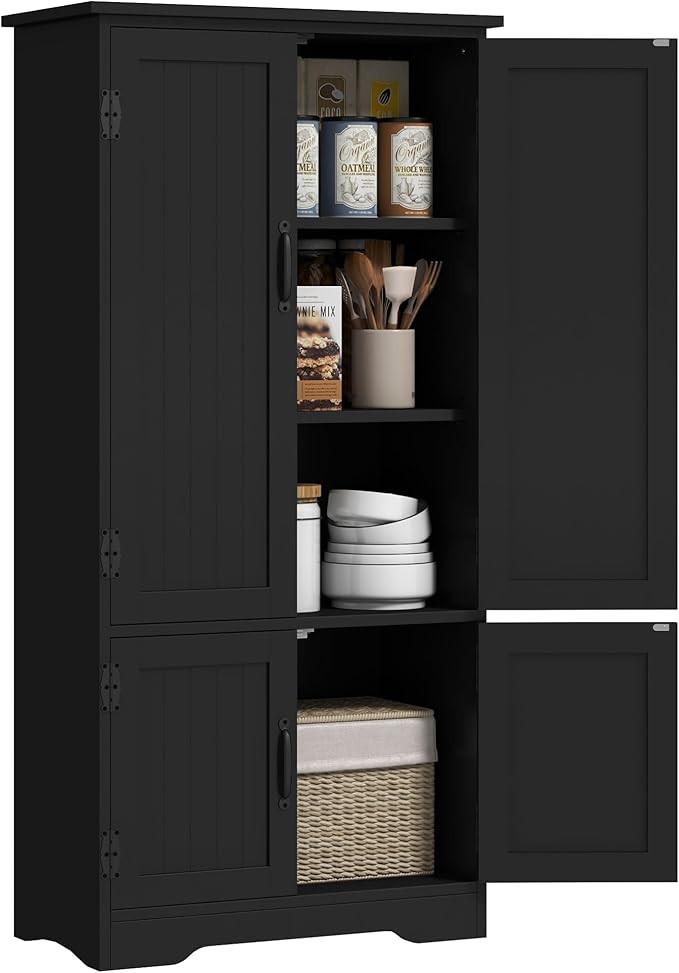 HOMCOM 48.5" Kitchen Pantry Cabinet with 2 Adjustable Shelves and 4 Beadboard Doors, Compact Farmhouse Kitchen Storage Cabinet for Dining Room, Black