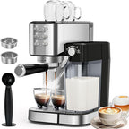 Espresso Machine 20 Bar, Coffee Maker with Automatic Milk Frother, 6-in-1 One-Touch Small/Large Shot, Espresso Maker for Cappuccino/Latte, Compact for Home and Office, Stainless Steel