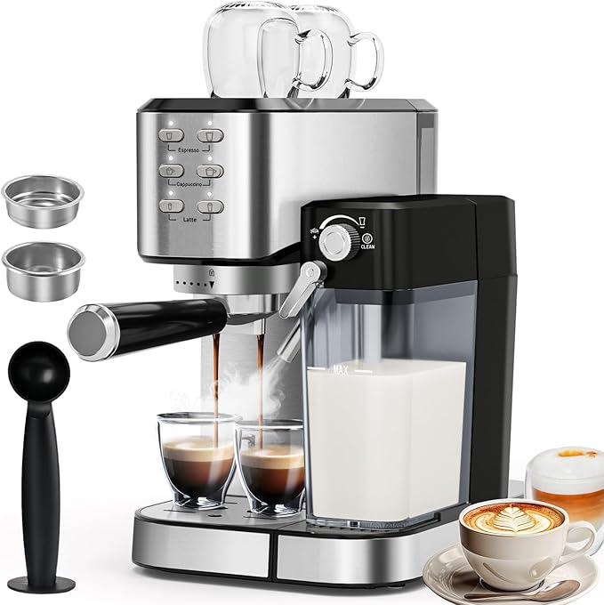 Espresso Machine 20 Bar, Coffee Maker with Automatic Milk Frother, 6-in-1 One-Touch Small/Large Shot, Espresso Maker for Cappuccino/Latte, Compact for Home and Office, Stainless Steel
