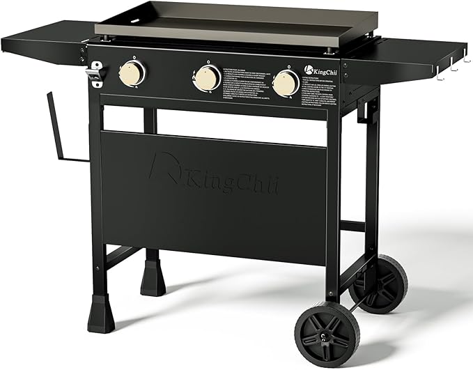 KingChii 28" 3-Burner Griddle with Counter Height Side Shelves, Powder Coated Steel, Black