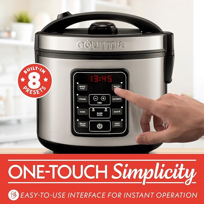Gourmia Rice Cooker – 3 Qt Capacity, 12 Cup Cooked, 6 Cup Uncooked, Digital Controls, Grain Cooker & Steamer, Built-In Steamer Basket, Nonstick Ceramic Pot, Delay Timer, Keep Warm, Stainless Steel
