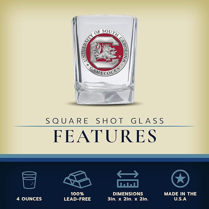 Heritage Pewter University of South Carolina Square Shot Glass | Hand-Sculpted 1.5 Ounce Shot Glass | Intricately Crafted Metal Pewter Alma Mater Inlay