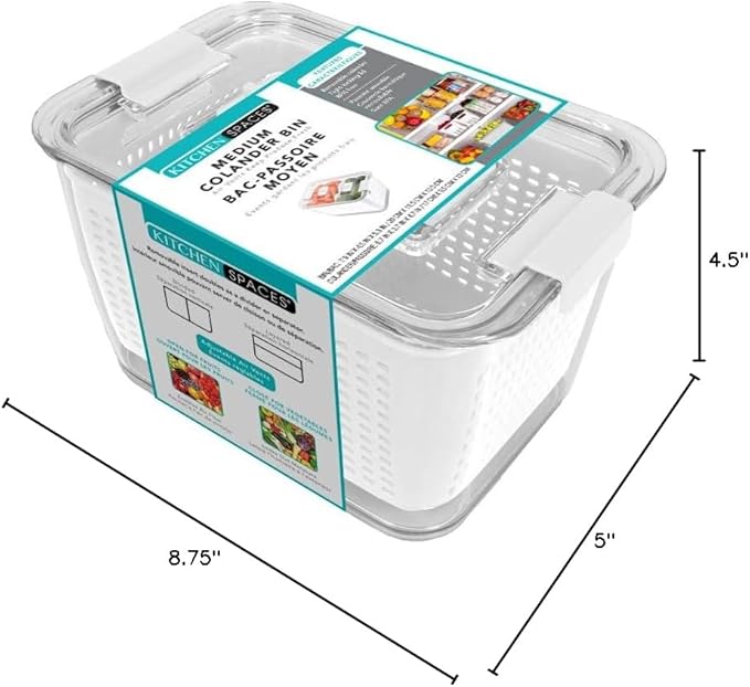 Kitchen Spaces Colander Bin, Produce Saver, Fridge Organizer With Lid, Wash, Strain and Store, Great for Refrigerator, Freezer and Pantry, Medium, White, Pack of 1