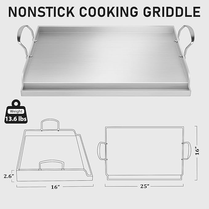 Utheer 25" x 16" Ceramic Nonstick Stainless Steel Griddle for Gas Grill, Charcoal, Oven, Large Stove Top Griddle, Non-Toxic, PFAS/PFOA/PTFE Free, Oven Up to 500°F, for BBQ, Camping & Kitchen, Sliver
