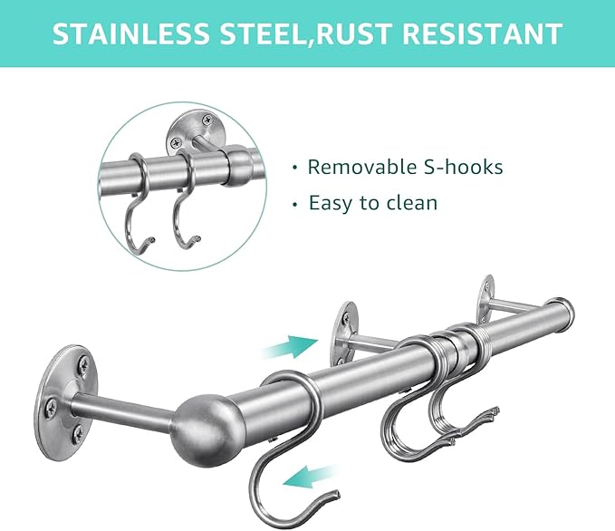 ROTHLEY Stainless Steel Hanging Pot Rack Hanger: 23.7 Inch Pot and Pan Hanger Wall Mounted Hanging Pot Bar Rack Heavy Duty Pot Hangers Kitchen Rail with 8 S Hooks (Brushed)