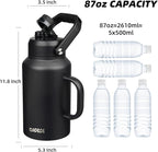 BJPKPK 87oz Insulated Water Bottle with Handle, Large Dishwasher Safe 2/3 Gallon Water Bottle, BPA Free Water Jug, Wide Mouth Metal Water Bottle with Anti-slip Bottom, Keep Cold & Hot,Black