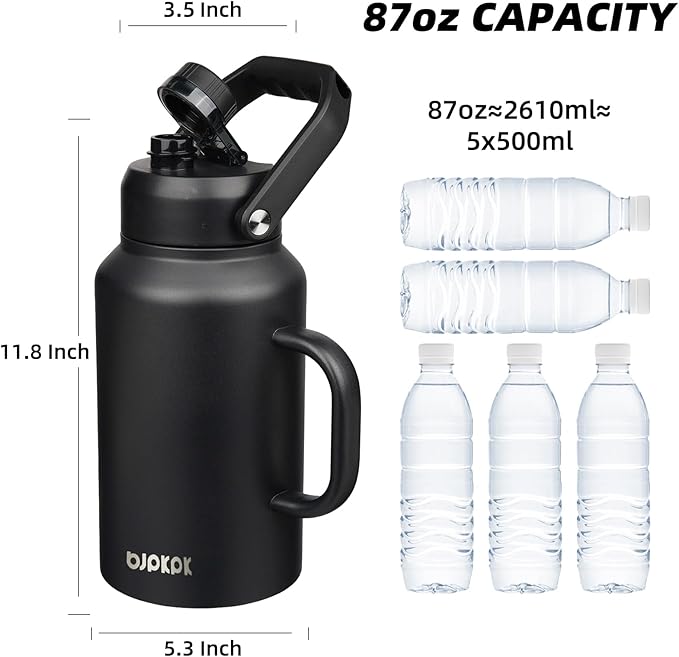 BJPKPK 87oz Insulated Water Bottle with Handle, Large Dishwasher Safe 2/3 Gallon Water Bottle, BPA Free Water Jug, Wide Mouth Metal Water Bottle with Anti-slip Bottom, Keep Cold & Hot,Black