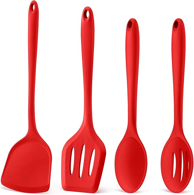 P&P CHEF Kitchen Utensil Set, 4 Pieces Non-stick Silicone Cooking Utensils, Heat-resistant Slotted Solid Spoon Turner for Frying, Mixing, Serving, Non-toxic & Easy to Clean, Red