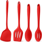 P&P CHEF Kitchen Utensil Set, 4 Pieces Non-stick Silicone Cooking Utensils, Heat-resistant Slotted Solid Spoon Turner for Frying, Mixing, Serving, Non-toxic & Easy to Clean, Red