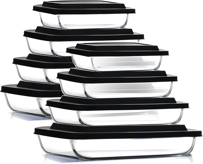 EATEX 16-Piece Deep Glass Casserole Dishes for Oven with Plastic Lids, Glass Baking Dishes for Oven, Rectangular Bakeware for Lasagna, Cooking, Leftovers, Kitchen, Freezer to Oven Dishwasher Safe