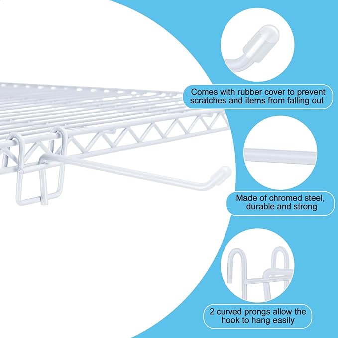 4 Pcs Accessory Hooks for Wire Shelving with Rubber Cover Heavy Duty Metal Hooks for Hanging Kitchen Utensils Wire Shelf Accessories Room Organization (White)