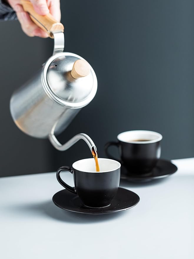 YHOSSEUN 3 Ounces Espresso Cups with Saucers Set, Porcelain Latte Cups and Metal Stand Demitasse Cups for Espresso, Latte, Cafe Mocha, Cappuccino and Tea, Set of 6, Black