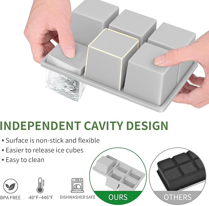 Large Ice Cube Tray for Whiskey: FDDBI Big Square Ice Cube Maker for Cocktail - 3Pack Silicone Old Fashioned Ice Cube Trays - 2inch Huge Cubed Ice Trays for Whisky